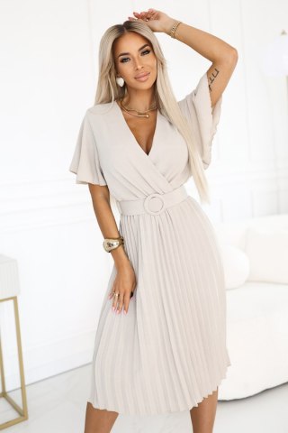 607-1 LYRA plisowana sukienka midi z kopertowym dekoltem i szerokim paskiem - BEŻOWA