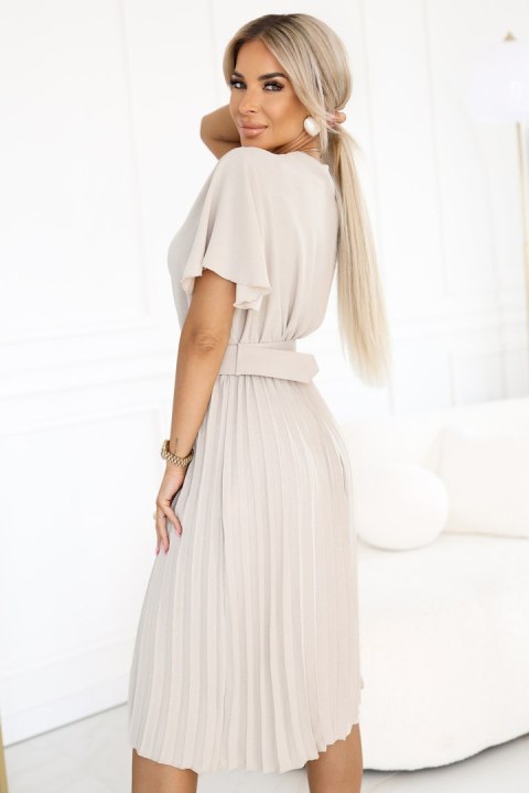 607-1 LYRA plisowana sukienka midi z kopertowym dekoltem i szerokim paskiem - BEŻOWA