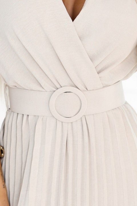 607-1 LYRA plisowana sukienka midi z kopertowym dekoltem i szerokim paskiem - BEŻOWA