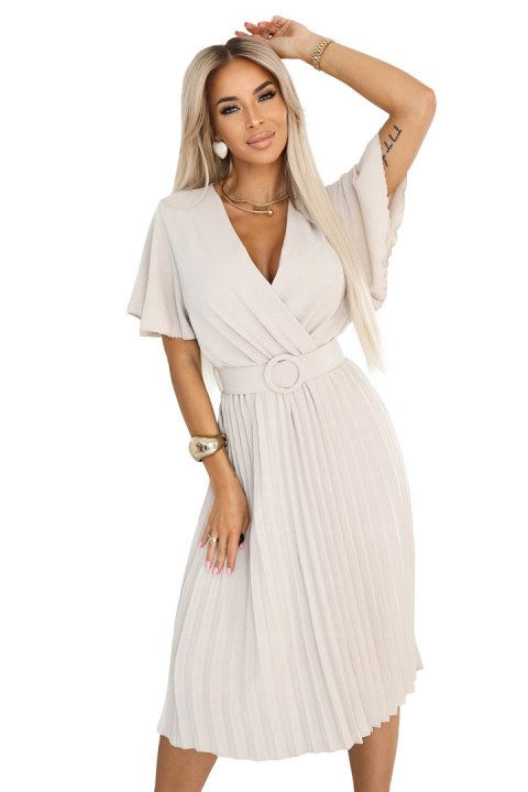 607-1 LYRA plisowana sukienka midi z kopertowym dekoltem i szerokim paskiem - BEŻOWA