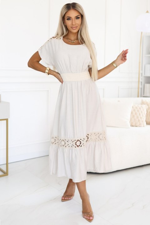 618-1 Subtelna sukienka w stylu boho z ażurowymi wstawkami - ecru