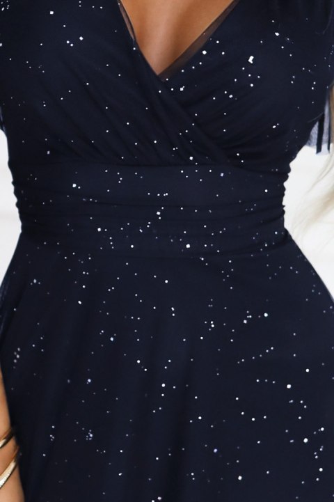 635-3 MELANIA długa błyszcząca suknia z dekoltem i krótkim rękawkiem - granatowa