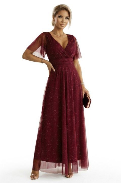 635-5 MELANIA długa błyszcząca suknia z dekoltem i krótkim rękawkiem - bordowa