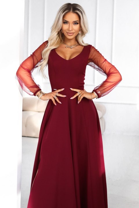 640-1 LORETTA wyjątkowa długa sukienka z tiulowymi rękawkami i dekoltem - bordowa