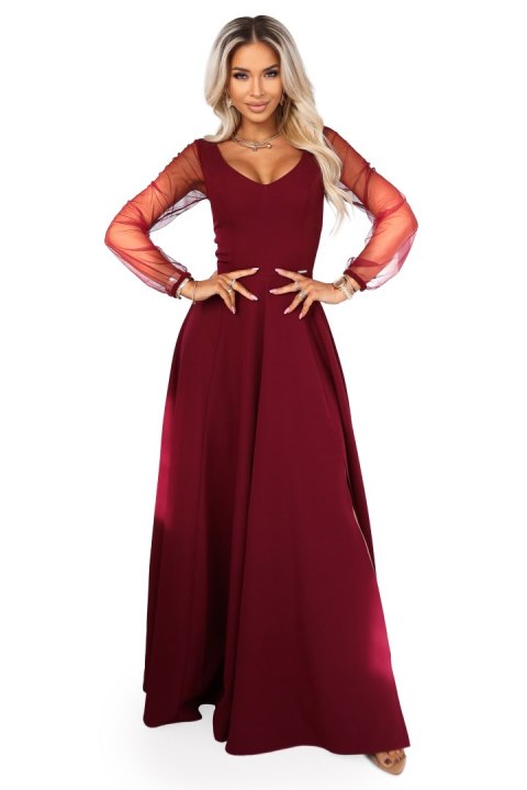 640-1 LORETTA wyjątkowa długa sukienka z tiulowymi rękawkami i dekoltem - bordowa