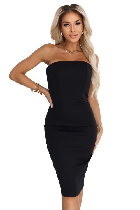 642-1 Gorsetowa ołówkowa sukienka midi z odkrytymi ramionami - czarna