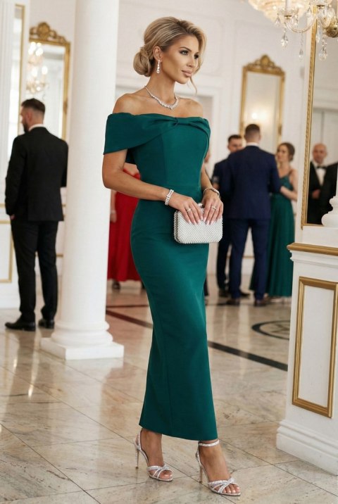 644-1 Zmysłowa sukienka midi hiszpanka z kokardą na dekolcie - butelkowa zieleń