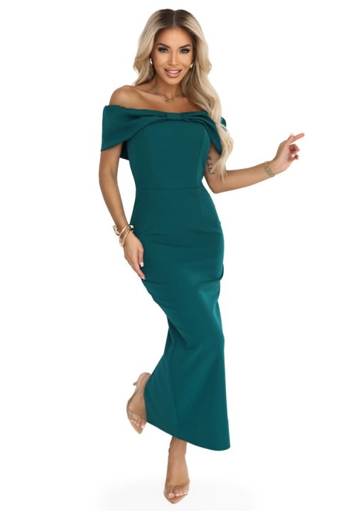 644-1 Zmysłowa sukienka midi hiszpanka z kokardą na dekolcie - butelkowa zieleń