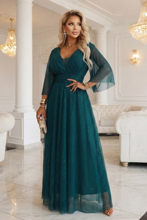 654-1 Długa połyskująca sukienka plus size z dekoltem i transparentnym rękawkiem - zieleń butelkowa