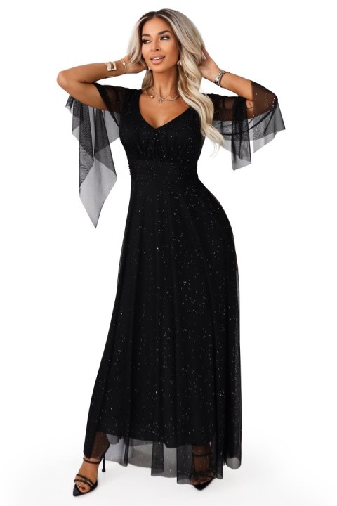 655-1 Długa połyskująca w świetle suknia z dekoltem i transparentnym rękawkiem - czarna