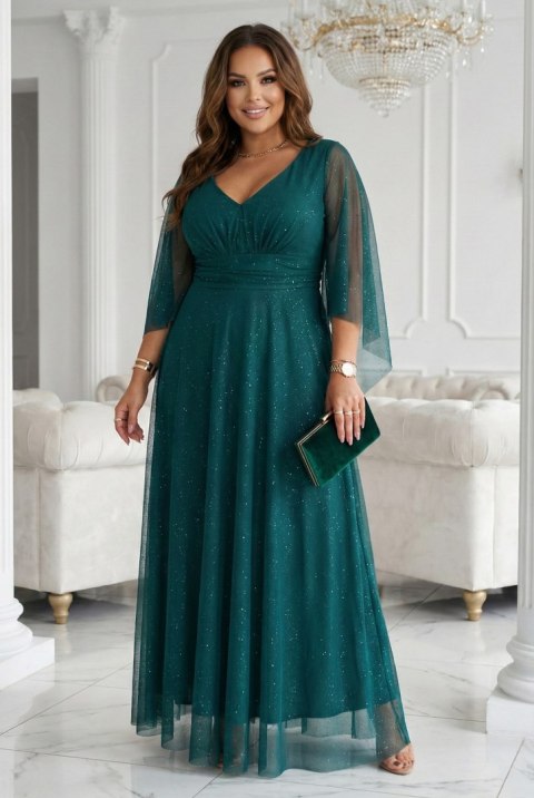 655-2 Długa połyskująca w świetle suknia z dekoltem i transparentnym rękawkiem - szmaragdowa zieleń
