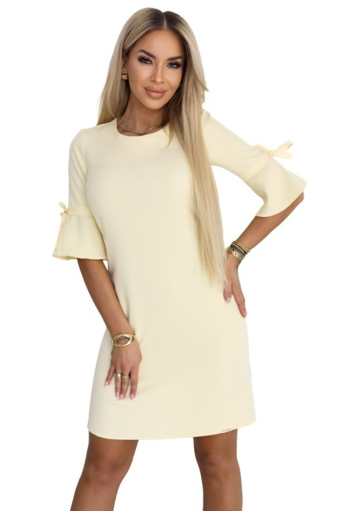 217-12 NEVA Kobieca trapezowa sukienka z wiązaniem na rękawkach - pastelowy żółty