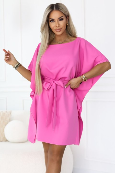 287-42 SOFIA Różowa sukienka motyl z wiązaniem w pasie - jasna fuksja