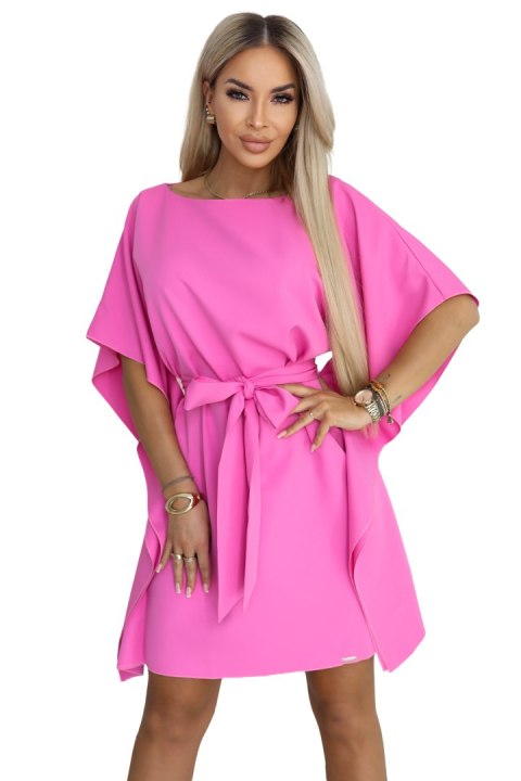 287-42 SOFIA Różowa sukienka motyl z wiązaniem w pasie - jasna fuksja