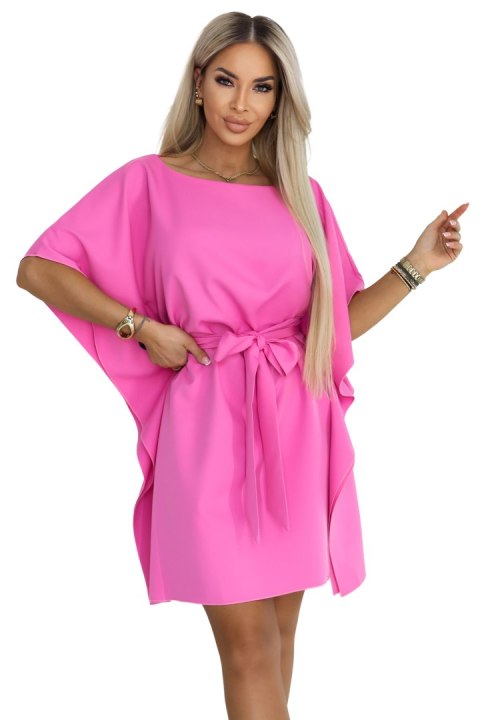 287-42 SOFIA Różowa sukienka motyl z wiązaniem w pasie - jasna fuksja