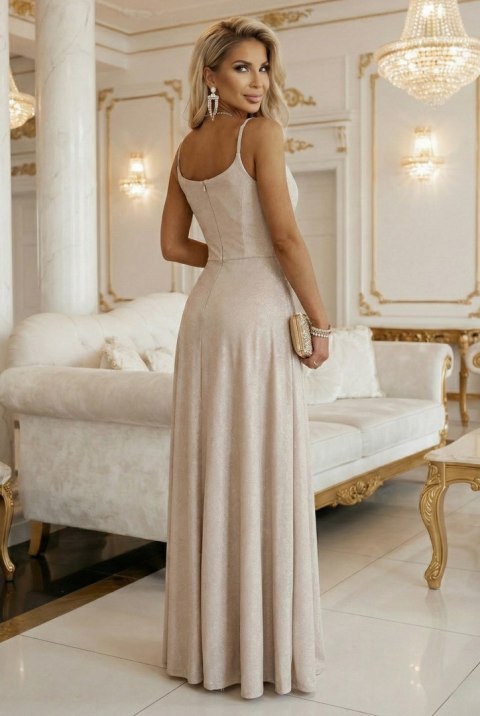 299-20 CHIARA Sukienka maxi na ramiączkach z kopertowym dekoltem i rozcięciem na nodze - szampański beż z brokatem