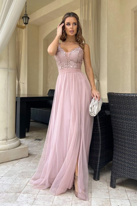 300-22 Długa Tiulowa Sukienka Na Ramiączkach - brudny róż