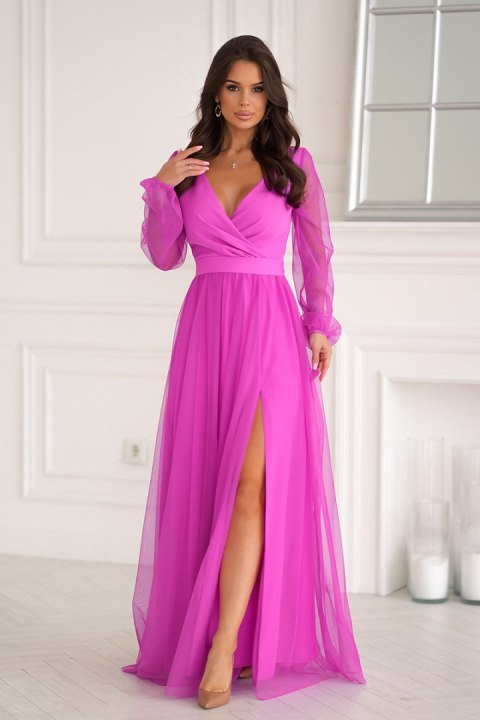 302-07 Sukienka Z Długim Rękawem - fuksja