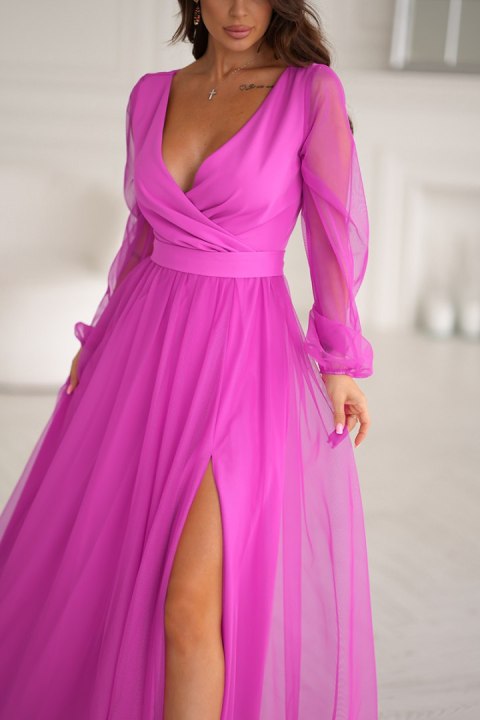 302-07 Sukienka Z Długim Rękawem - fuksja