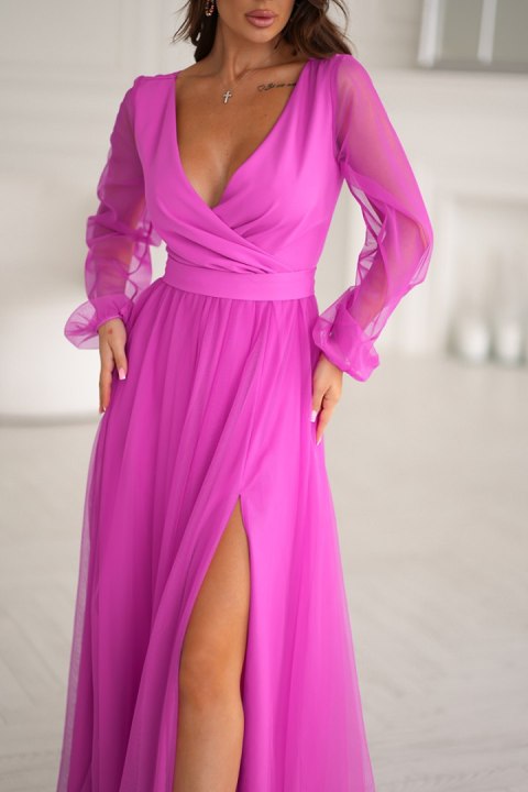 302-07 Sukienka Z Długim Rękawem - fuksja