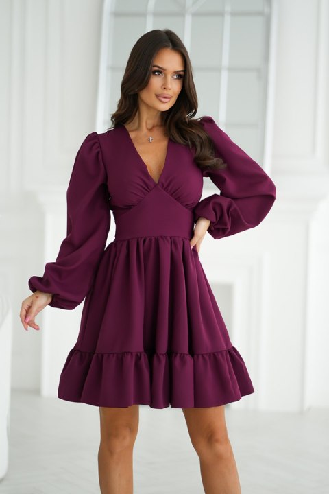 322-10 Krótka Sukienka Z Bufkami - bordowy