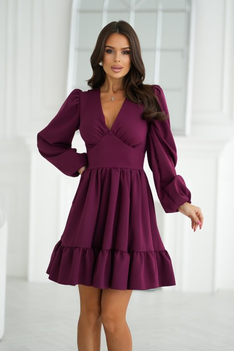 322-10 Krótka Sukienka Z Bufkami - bordowy