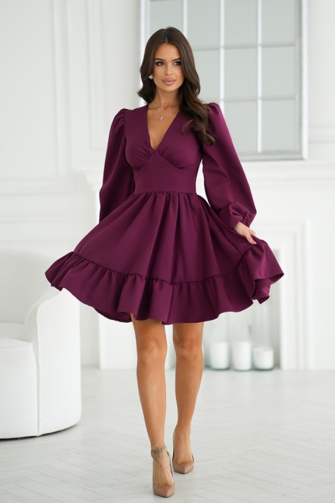 322-10 Krótka Sukienka Z Bufkami - bordowy