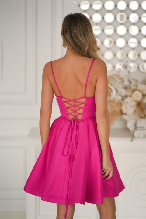 340-07 Brokatowa Mini Z Gorsetowym Wiązaniem - fuksja