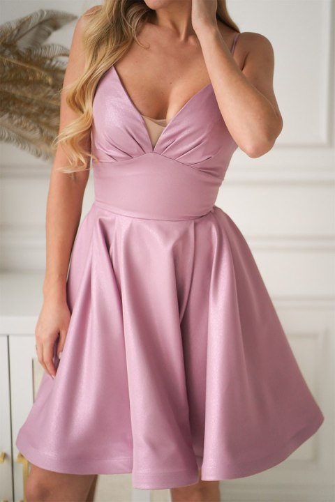 340-20 Brokatowa Mini Z Gorsetowym Wiązaniem - brudny róż