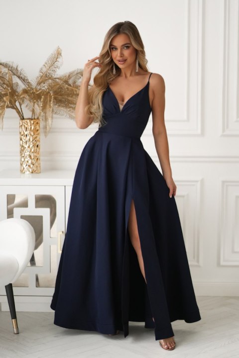 341-01 Długa Suknia Wieczorowa z Gorsetowym Sznurowaniem - Granatowy