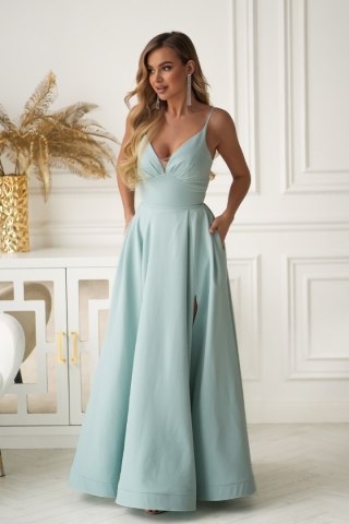 341-03 Długa Suknia Wieczorowa z Gorsetowym Sznurowaniem - miętowy