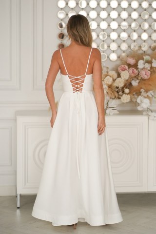 341-04 Długa Suknia Wieczorowa z Gorsetowym Sznurowaniem - Ecru