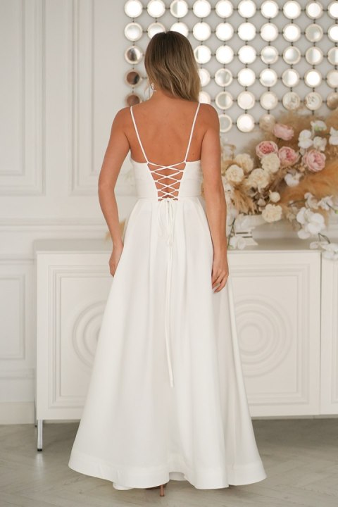 341-04 Długa Suknia Wieczorowa z Gorsetowym Sznurowaniem - Ecru