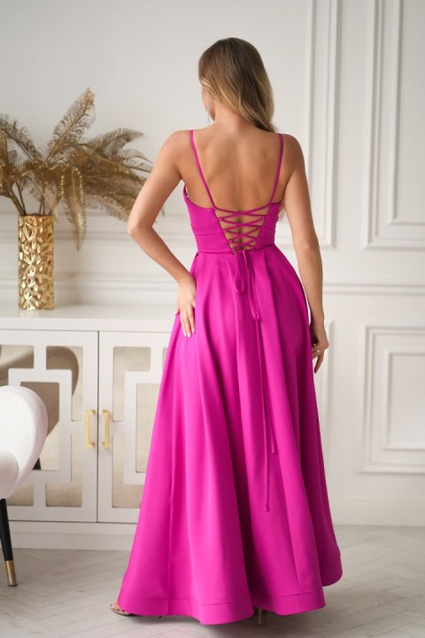 341-07 Długa Suknia Wieczorowa z Gorsetowym Sznurowaniem - fuksja