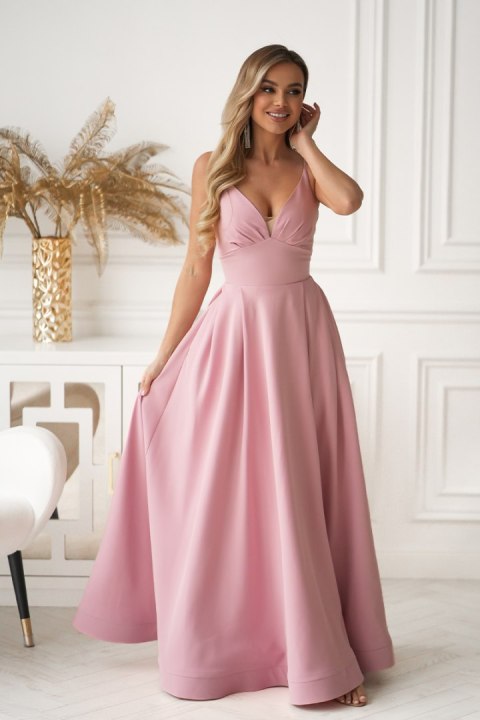 341-20 Długa Suknia Wieczorowa z Gorsetowym Sznurowaniem - różowy