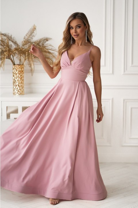 341-20 Długa Suknia Wieczorowa z Gorsetowym Sznurowaniem - różowy