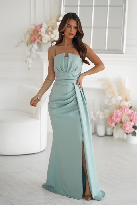 342-03 Elegancka Sukienka Z Geometrycznym Dekoltem I Odpinanymi Ramiączkami - zielony