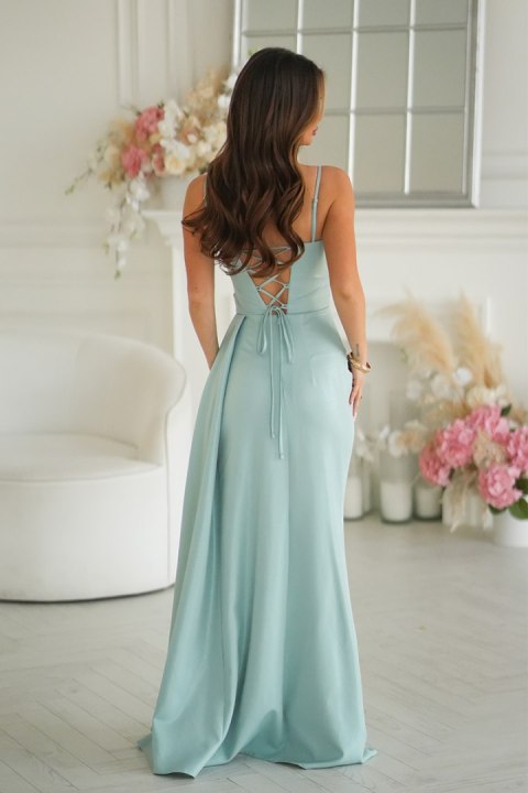 342-03 Elegancka Sukienka Z Geometrycznym Dekoltem I Odpinanymi Ramiączkami - zielony