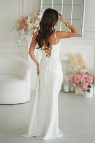 342-04 Elegancka Sukienka Z Geometrycznym Dekoltem I Odpinanymi Ramiączkami - Ecru