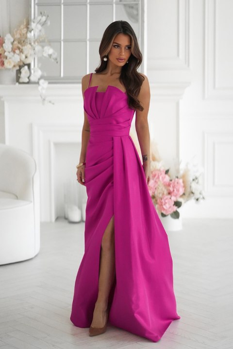 342-07 Elegancka Sukienka Z Geometrycznym Dekoltem I Odpinanymi Ramiączkami - fuksja