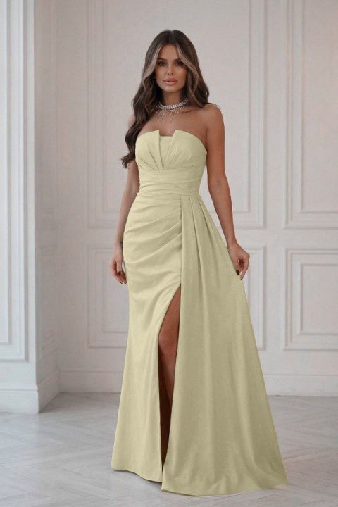 342-14 Elegancka Sukienka Z Geometrycznym Dekoltem I Odpinanymi Ramiączkami - żółty