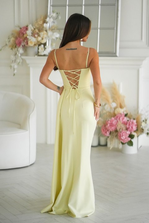 342-14 Elegancka Sukienka Z Geometrycznym Dekoltem I Odpinanymi Ramiączkami - żółty