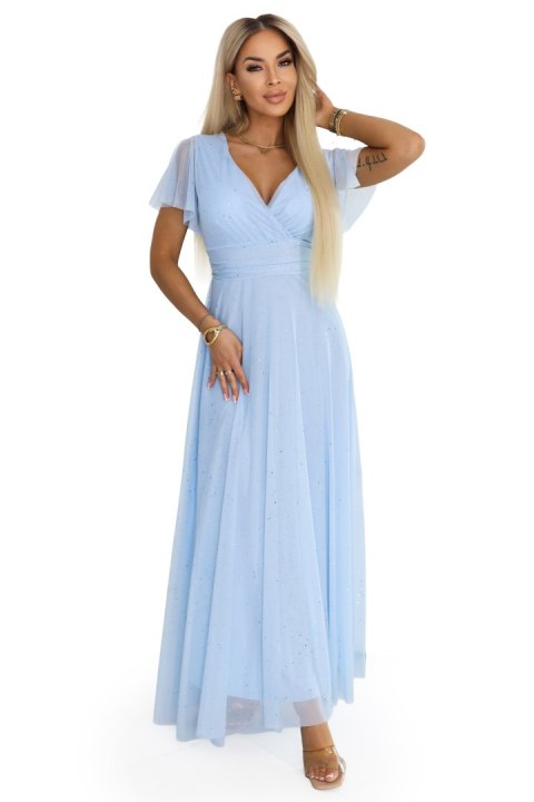 635-6 MELANIA długa błyszcząca suknia z dekoltem i krótkim rękawkiem - błękitna