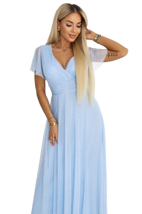 635-6 MELANIA długa błyszcząca suknia z dekoltem i krótkim rękawkiem - błękitna
