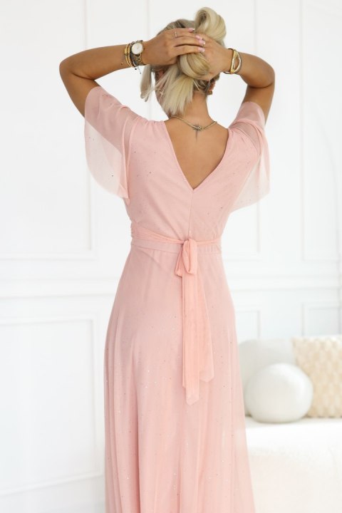 635-7 MELANIA długa błyszcząca suknia z dekoltem i krótkim rękawkiem - brzoskwiniowa