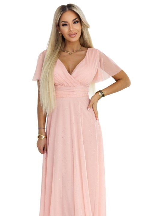 635-7 MELANIA długa błyszcząca suknia z dekoltem i krótkim rękawkiem - brzoskwiniowa