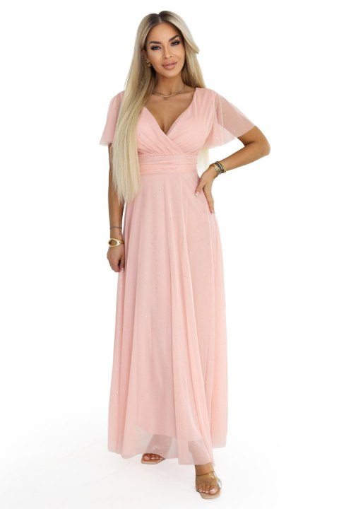 635-7 MELANIA długa błyszcząca suknia z dekoltem i krótkim rękawkiem - brzoskwiniowa