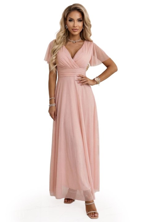 635-7 MELANIA długa błyszcząca suknia z dekoltem i krótkim rękawkiem - brzoskwiniowa