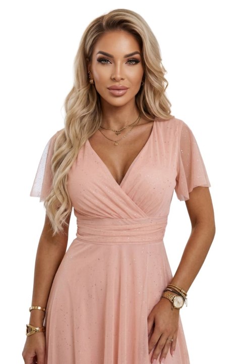 635-7 MELANIA długa błyszcząca suknia z dekoltem i krótkim rękawkiem - brzoskwiniowa