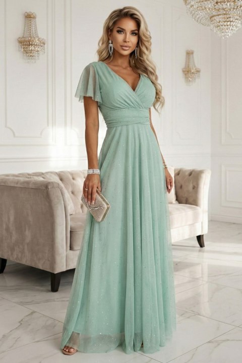 635-8 MELANIA długa błyszcząca suknia z dekoltem i krótkim rękawkiem - pistacjowa